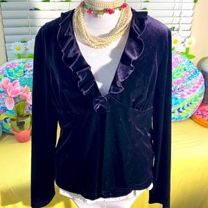 Deep purple caviar velvet open front jacket with ruffle and rosebud